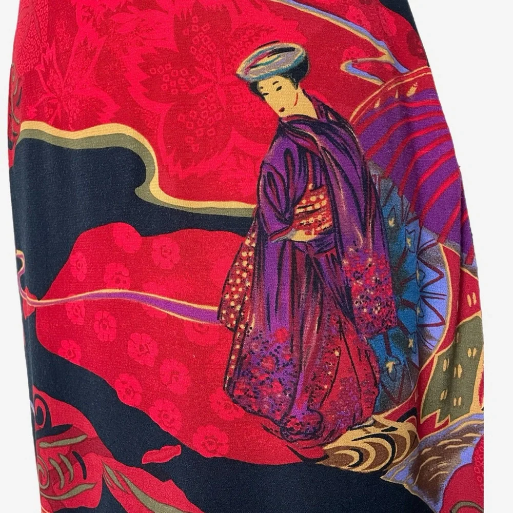 Vintage 90s Clio Red geisha graphic printed ruffle hem midi skirt eclectic XS/S